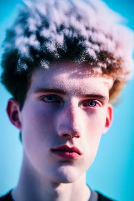 Prompt: high quality pastel coloured film mid angle selfie photograph of a beautiful young 2 0 year old male, soft features, black hair, standing in an icelandic black rock environment. atmospheric. three point light. photographic. art directed. ( pastel colours ). volumetric light. stark. waves glitch. 8 k. filmic.