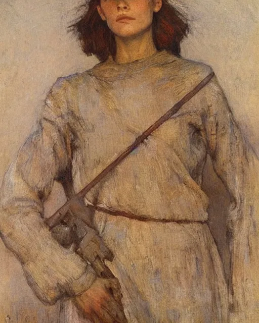 Image similar to a beautiful and strong female warrior by Jules Bastien-Lepage and Laura Sava