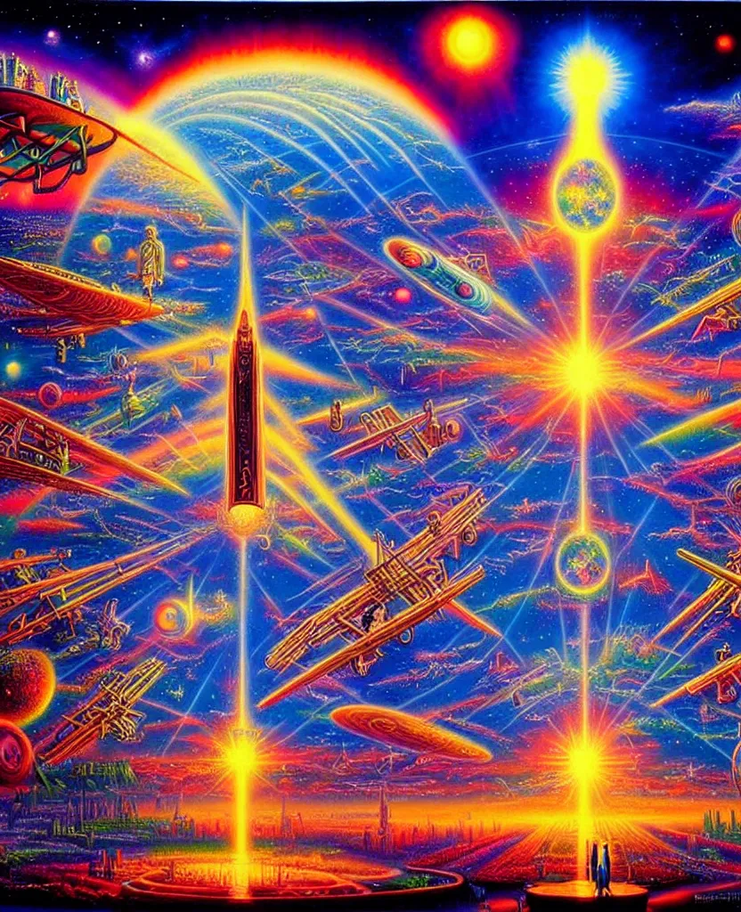 Prompt: a beautiful colorful future for humanity, spiritual science, divinity, utopian, heaven on earth by david a. hardy, kinkade, oleg korolev, wpa, public works mural, socialist