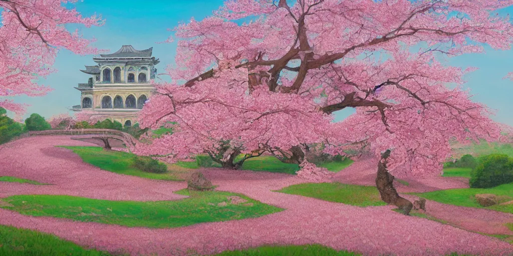 Prompt: a beautiful painting of a gorgeous palace full of cherry blossoms, over the rolling hills and forests by albers anni, trending on artstation.