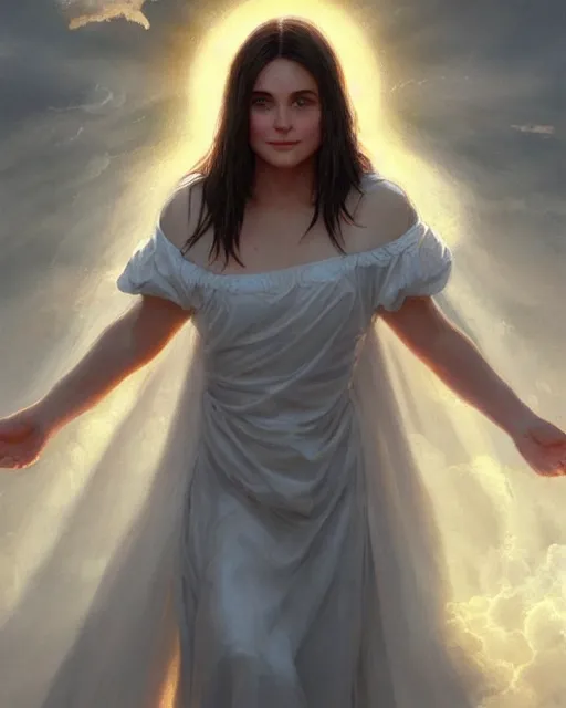 Prompt: cute young slightly chubby courtney cox as a heavenly angel, anatomy, bathed in light, highly detailed, photorealistic, artstation, smooth, sharp focus, illustration, unreal engine 5, 8 k, art by artgerm and greg rutkowski and edgar maxence