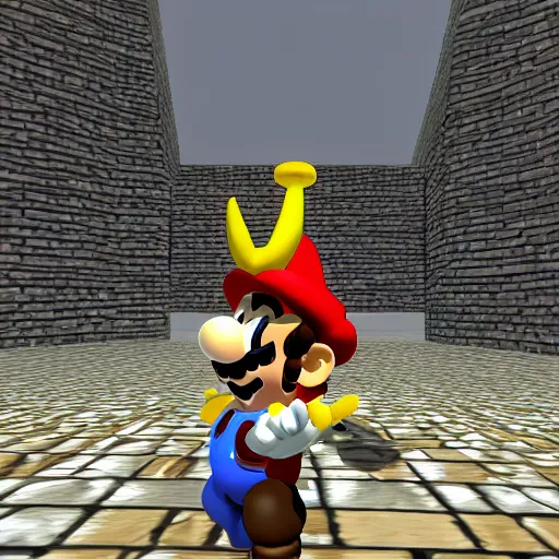 Image similar to an anthropomorphic black goat wizard in super mario 6 4, screenshot