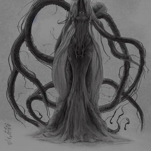 Image similar to concept designs for an ethereal ghostly wraith like figure with a squid like parasite latched onto its head and long tentacle arms that flow lazily but gracefully at its sides like a cloak while it floats around a frozen rocky tundra in the snow searching for lost souls and that hides amongst the shadows in the trees, this character has hydrokinesis and electrokinesis for the resident evil village video game franchise with inspiration from the franchise Bloodborne and the mind flayer from stranger things on netflix