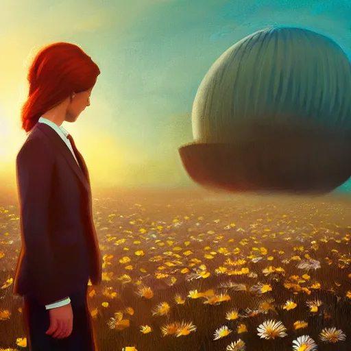 Image similar to giant daisy flower over head, frontal, girl in a suit, surreal photography, sunrise, dramatic light, impressionist painting, digital painting, artstation, simon stalenhag