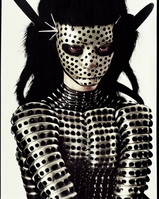 Image similar to portrait of a skinny punk goth yayoi kusama wearing armor by simon bisley, john blance, frank frazetta, fantasy, thief warrior, bauhaus brutalist