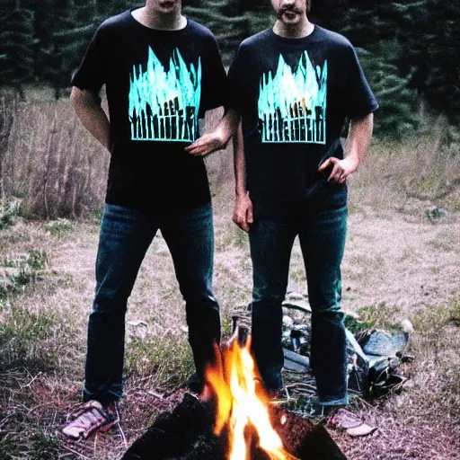 Image similar to grainy low quality 90s poloraid photo of a couple guys wearing Synthwave style shirts near a campfire, scanned photo, visual photo artifacts