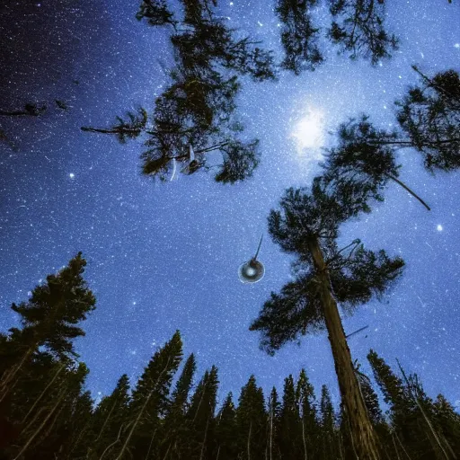 Image similar to Pine trees, night sky, radio telescope, unknown mysteries, unknown signals from outer space