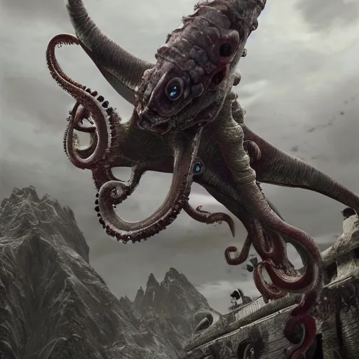 Prompt: hyperrealistic mixed media image of grotesque winged cephalopod in skyrim, stunning 3 d render inspired art by greg rutkowski and xiang duan and thomas eakes, perfect symmetry, flesh texture, realistic, highly detailed attributes and atmosphere, dim volumetric cinematic lighting, 8 k octane detailed render, post - processing, masterpiece,