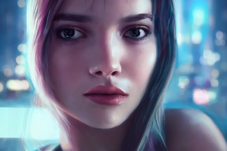 Prompt: hyperrealistic close up portrait of stunningly beautiful girl, lit by dawn light, cyberpunk city on background, trending on artstation