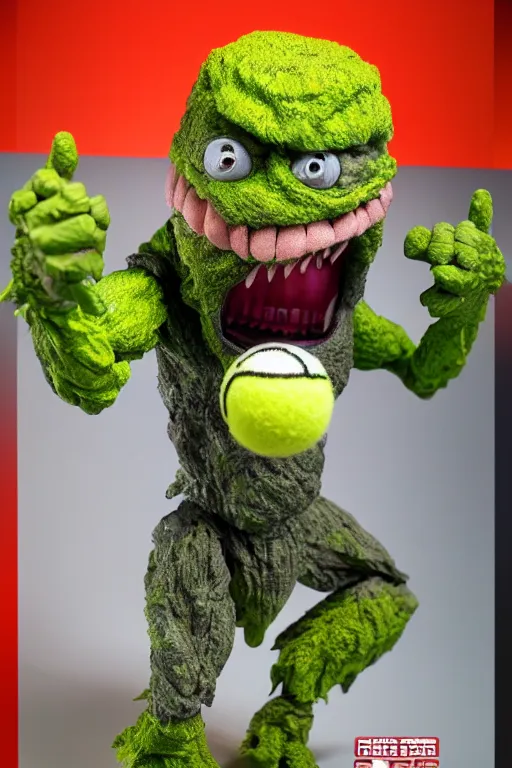 Image similar to 8 k high definition, 1 9 8 0 tennis ball monster kenner style action figure, full body, highly detailed, science fiction, photorealistic