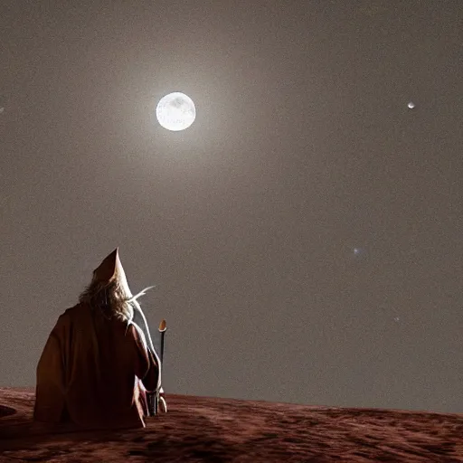 Prompt: a realistic image of gandalf in mars under a full moon