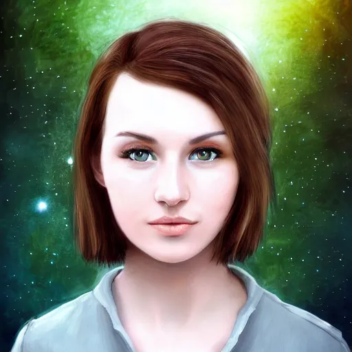 Image similar to an hd portrait photo of a cute young woman with short brown hair and green eyes, beautiful trees in the background, night sky with stars and galaxies, trending on artstation