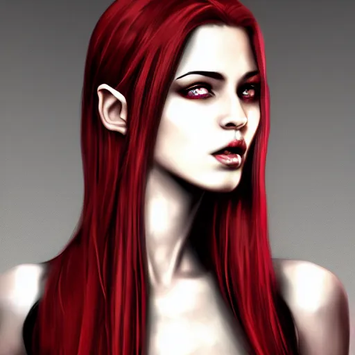 Image similar to Digital portrait of a beautiful half-elf half-vampire young woman. Black and white hair. Red irises, vertical pupils. Award-winning digital art, trending on ArtStation