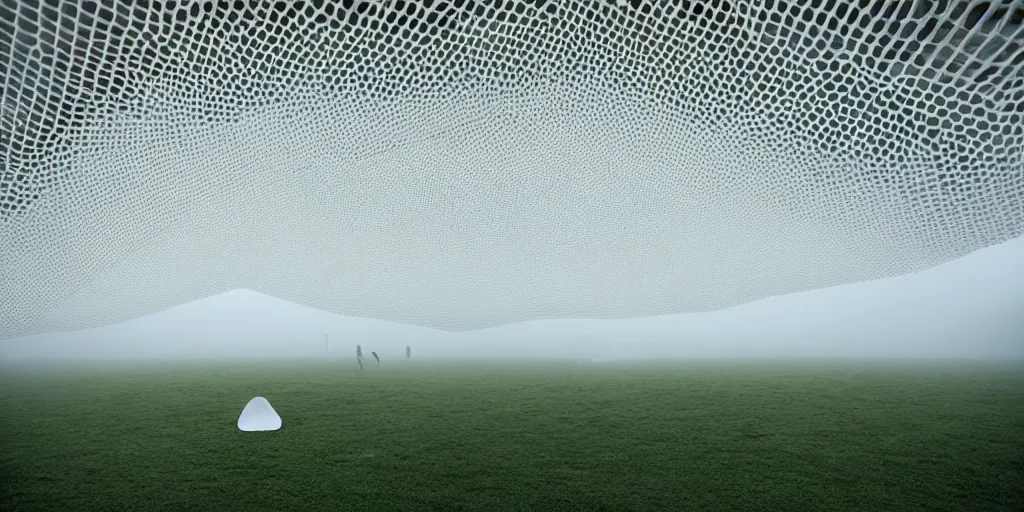 Image similar to white honeycomb organic building by ernesto neto sits on the field in low fog, light - mint with light - pink color, 4 k, insanely quality, highly detailed, film still from the movie directed by denis villeneuve with art direction by zdzisław beksinski, telephoto lens, shallow depth of field