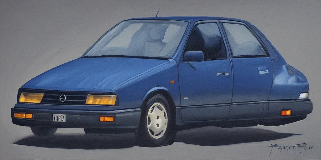 Prompt: Highly detailed oil painting of a dark blue 1991 opel astra, strong atmosphere, oil painting masterpiece by Josep Tapiró Baró, symmetry, fractals