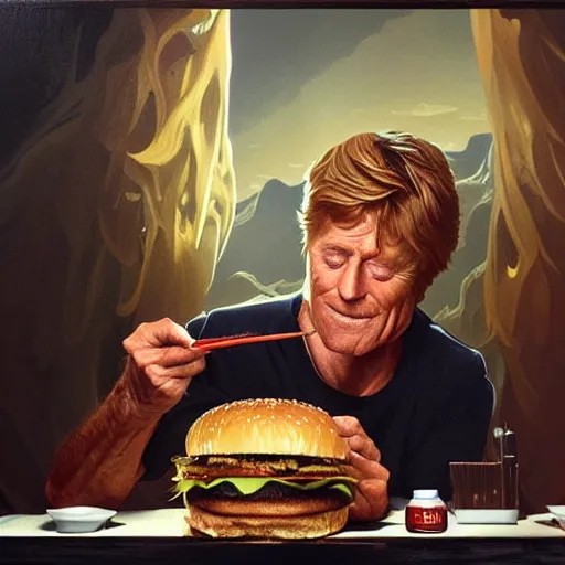 Image similar to Robert Redford eating a mcdonald's big mac hamburger, dripping BBQ Sauce, serving burgers, intricate, elegant, highly detailed, digital painting, artstation, concept art, matte, sharp focus, hyperreal, art by Artgerm and Greg Rutkowski and Alphonse Mucha