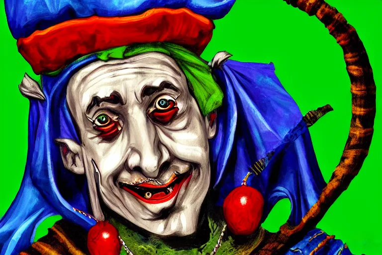 Prompt: medieval jester, colorful, sinister, digital art, painting, portrait,