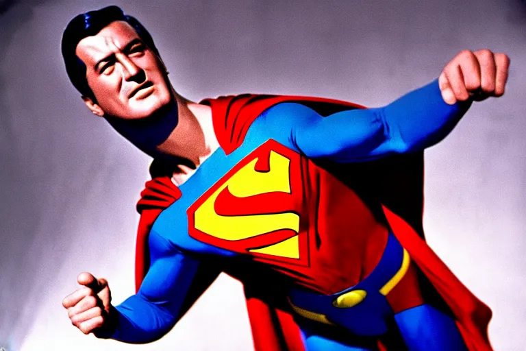 Image similar to rock hudson playing superman in, superhero, dynamic, 3 5 mm lens, heroic, studio lighting, in colour