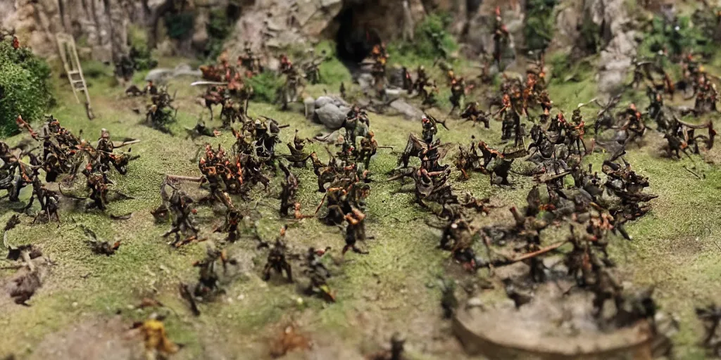 Image similar to zoomed in photo taken of an epic intricate extremely detailed battlefield diorama, with highly detailed, exquisitely weathered 3 d printed characters. an army of high elves battling a horde of orcs, dragon fly overhead, macro shot, photorealistic, sharp focus, f 0. 4, golden ratio, soft light, wide angle lens, 3 9 0 0 k