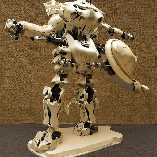 Image similar to smooth combat mech, carved obsidian mechanical exoskeleton wearing hardsurface armour, inlaid with ivory and gold accents, rococo, wings lace wear, sculpted by spider zero, frank gehry, jeff koons, bandai box art, by john berkey, norman rockwell, ivan shishkin