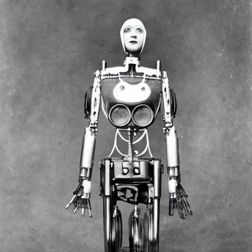 Prompt: Maria machinenmench from metropolis (1927), mechanical robot body, victorian era, medical 19th century photography