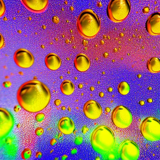 Prompt: close up shot of psychedelic droplets of water, digital, volumetric lighting, 8K