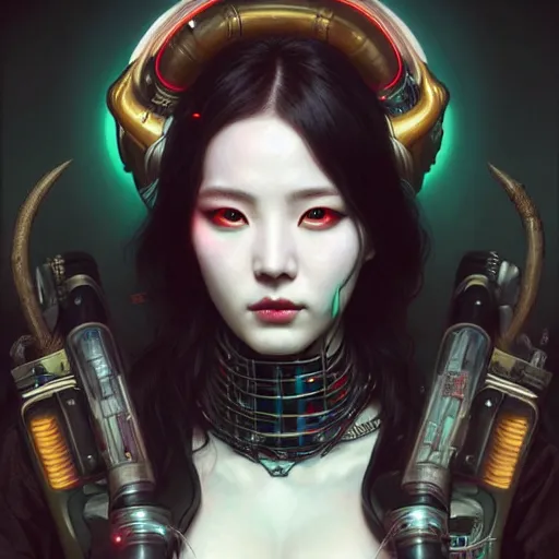 Prompt: portrait painting of sunmi as a cyberpunk technician with horns and tattoos, ultra realistic, concept art, intricate details, eerie, highly detailed, photorealistic, octane render, 8 k, unreal engine. art by artgerm and greg rutkowski and magali villeneuve and alphonse mucha