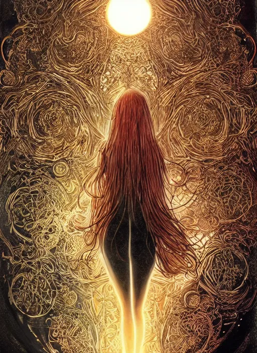 Prompt: glowing golden elements at frame borders, portrait, A beautiful dark witch in front of the full big moon, book cover, red roses, red white black colors, establishing shot, extremly high detail, foto realistic, cinematic lighting, pen and ink, intricate line drawings, by Yoshitaka Amano, Ruan Jia, Kentaro Miura, Artgerm, post processed, concept art, artstation, matte painting, style by eddie, raphael lacoste, alex ross