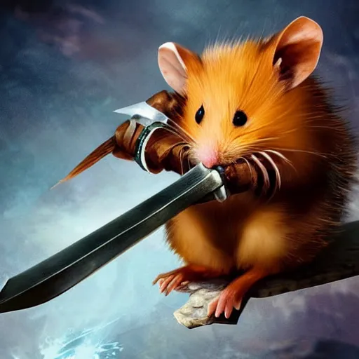 Image similar to “A flawless, fantasy photograph of a small hamster carrying an oversized, Buster Sword from Final Fantasy 7, Ultra HD, 8k resolution, High Quality”
