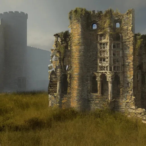 Image similar to Old ruins of a castle, Fantasy apocalypse environment, digital art, unreal engine 5, 4k