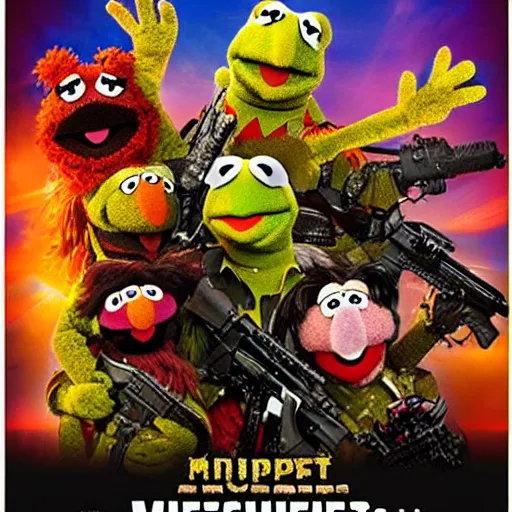 Prompt: muppet puppet special forces. epic action military vfx movie poster.