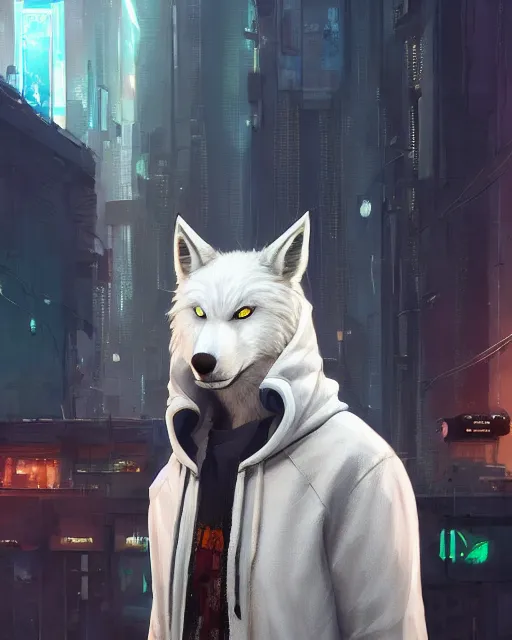 Prompt: a beautiful portrait of a handsome male anthropomorph white wolf wearing a hoodie in cyberpunk city. character design by cory loftis, fenghua zhong, ryohei hase, ismail inceoglu and ruan jia. artstation, volumetric light, detailed, photorealistic, rendered in octane