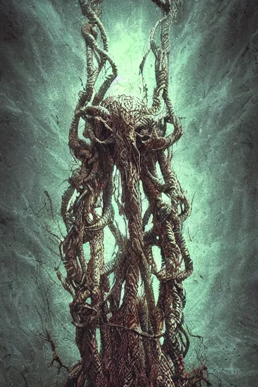 Prompt: wire rope nephilim,art by Bernard Krigstein and John Picacio,trending on artstation, withered lighting product view,colored pencil art ,anaglyph filter ,mirrored,award-winning,mandelbulb 3d,