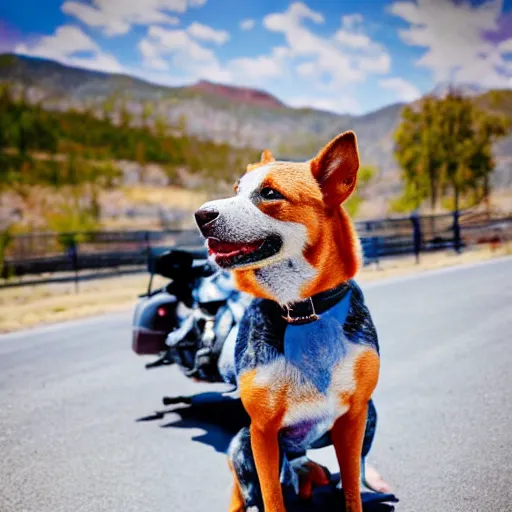 Image similar to blue heeler dog on a motorcycle, 8 k photography, blurred background of a wafflehouse