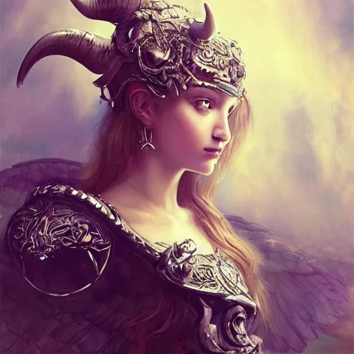 Prompt: A masterpiece ultrarealistic ultradetailed portrait of a Incredibly beautiful angel princess with Royal Tevton Knight Skull Full Iron Closed Helmet with Big Iron Bull Horns . baroque renaissance girl in the night forest. medium shot, intricate, elegant, highly detailed. trending on artstation, digital art, by Stanley Artgerm Lau, WLOP, Rossdraws, James Jean, Andrei Riabovitchev, Marc Simonetti, Yoshitaka Amano. background by James Jean and Gustav Klimt, light by Julie Bell, 4k, porcelain skin.