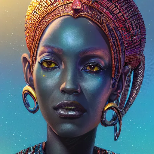 Image similar to highly detailed portrait of an african neon egyptian goddess, intricate alien technology, stephen bliss, unreal engine, fantasy art by greg rutkowski, loish, rhads, ferdinand knab, makoto shinkai and lois van baarle, ilya kuvshinov, rossdraws, tom bagshaw, global illumination, radiant light, detailed and intricate environment