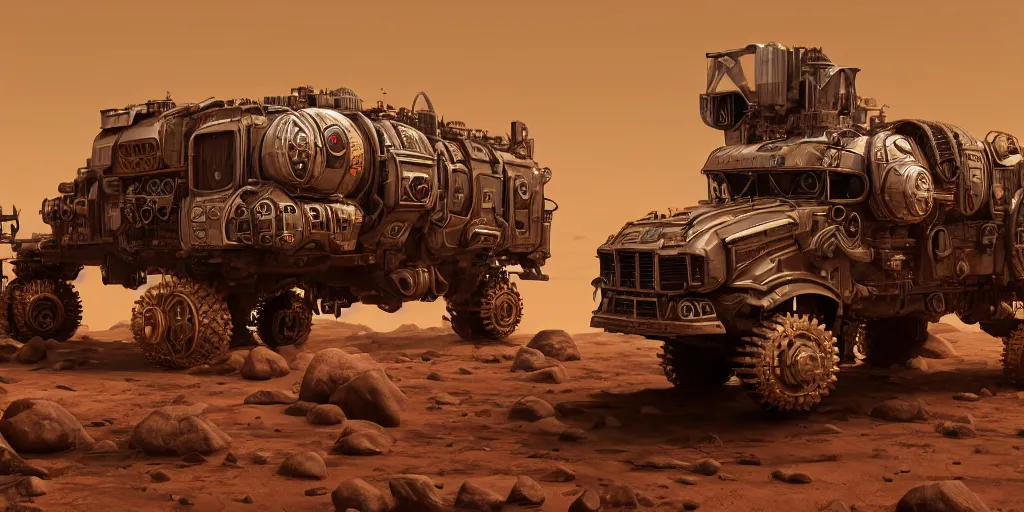 Image similar to steampunk cybertruck rolling on mars 3 d concept art, dust around, cinematic lighting, intricate details, octane rendering, trending on artstation, featured on behance