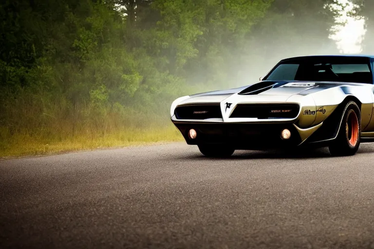 Image similar to pontiac firebird trans - am with black paint, sunrise, eerie light, fireflies, dog watching the car, dramatic, cinematic, forest, horror, sunbeams, volumetric lighting, wide shot, low angle, lightning storm hitting the car, ground cracking open to reveal a portal to hell