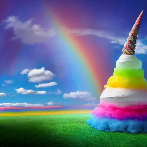 Prompt: in a giant field made of cotton candy with grazing unicorn, a marshmallow shaped as a housed with a whipped cream as roof and candies as windows and lollipop as chimney, very colorful rainbow effect, saturated color, kid dream, warm,delicious, sweet