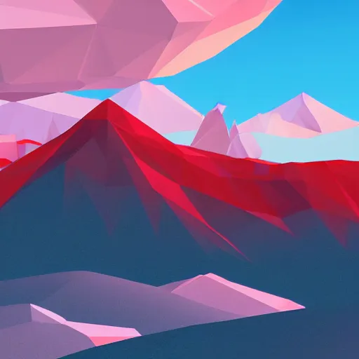 Image similar to tundra landscape with giant red low-poly structures floating in the sky