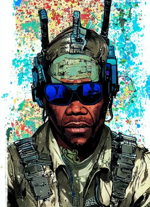 Prompt: chidi igwe. cyberpunk mercenary in military stealth suit. portrait illustration, pop art, splash painting, art by geof darrow, ashley wood, alphonse mucha, makoto shinkai