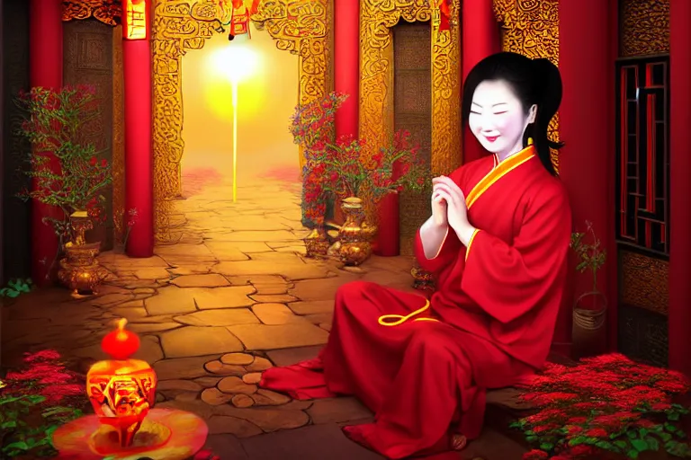 Image similar to vietnamese smiling sitting priestess, professional award - winning photo mystical chinese temple night, tea vapors, detailed soft digital fantasy art