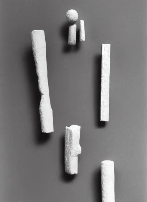 Image similar to realistic photo of a a wooden astronomy archeology chemistry scientific appliance model equipment gadget object made of wooden constructor, a fragment is made of white clay, fragments made of white fur, background is grey monochrome 1 9 9 0, life magazine reportage photo, natural colors, metropolitan museum collection