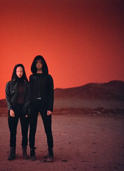 Prompt: cinestill 5 0 d photographic portrait of two loving female androids wearing rugged black techwear on a desolate plain with a red sky, extreme closeup, lizard on ground, cyberpunk style, in front of a brutalist dark metal facility, dust storm, 3 5 mm, hd, high resolution, 8 k, f / 3 2, ultra realistic faces