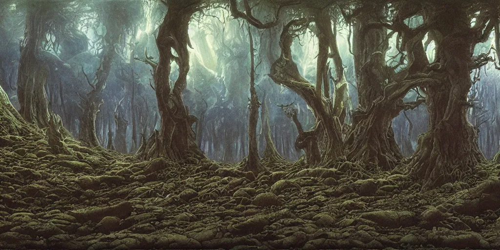 Image similar to Artwork by John Howe of the cinematic view of the Woodland of the Dark Lord.