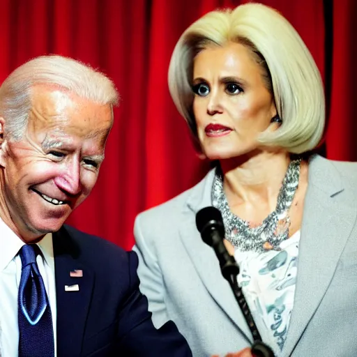 Image similar to photograph of Joe Biden and a gray alien wearing a blonde wig and a red dress, at a press conference