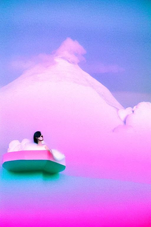 Image similar to high quality pastel coloured film close up wide angle photograph of a model wearing clothing swimming on cloud furniture in a icelandic black rock!! environment in a partially haze filled dreamstate world. three point light, rainbow. photographic production. art directed. pastel colours. volumetric clouds. pastel gradient overlay. waves glitch artefacts. extreme facial clarity. 8 k. filmic.