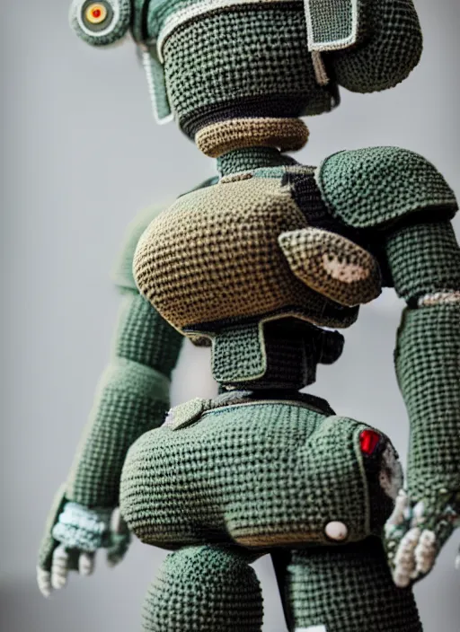 Image similar to a crochet mecha, realistic, Sigma 50 mm f/1.4