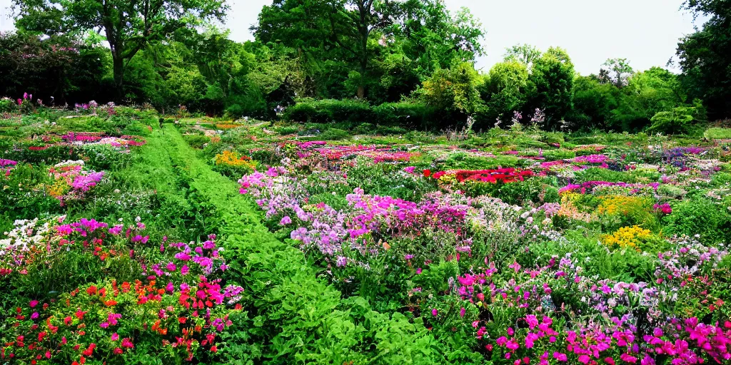 Prompt: walled garden full of flowers cinematography