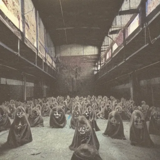 Prompt: creepy religious cult in abandoned warehouse, 1990s Polaroid photo, scary